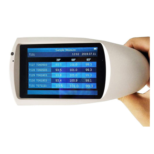QIUSUO 20/60/85° Gloss Meter Triple Angle Gloss Meter with Measuring Range 20°:0~1000GU 60°:0~1000GU 85°:0~160GU Connect to PC Storage Basic Mode 1000 Measuring Time 0.1s Display 5 Sets Of Measurement Data Good For Comparison