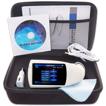 QIUSUO 60° Gloss Meter Single Angle Gloss Meter with Measuring Range 0~300GU Display 5 Sets Of Measurement Data Measuring Area (mm) 9x15 Errors ±1.5 ± 1.5% TFT 3.5 Inch Display for Plastic Paper Hardware Industries Etc
