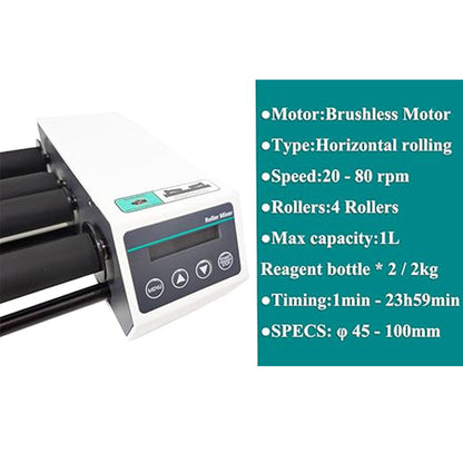 QIUSUO Digital Roller Mixer 4 Rollers Roller Mixer Lab Roller Shaker with Brushless Motor Horizontal Rolling Speed 20 to 80rpm Specs φ45 to 100mm Max Capacity 1L Reagent Bottle*2/2kg