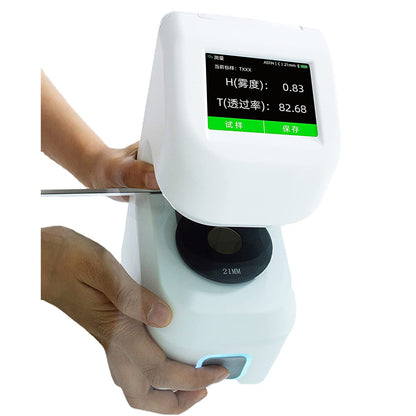 QIUSUO Digital Two Apertures Haze Meter Haze and Transmittance Measurement with Aperture 21mm 15mm Geometry 0/d 2.8 Inch Touch ScreenUSB Interface High Precision High Stability Sample Size Thickness≤40mm for Film Glasses Haze Transparency Test
