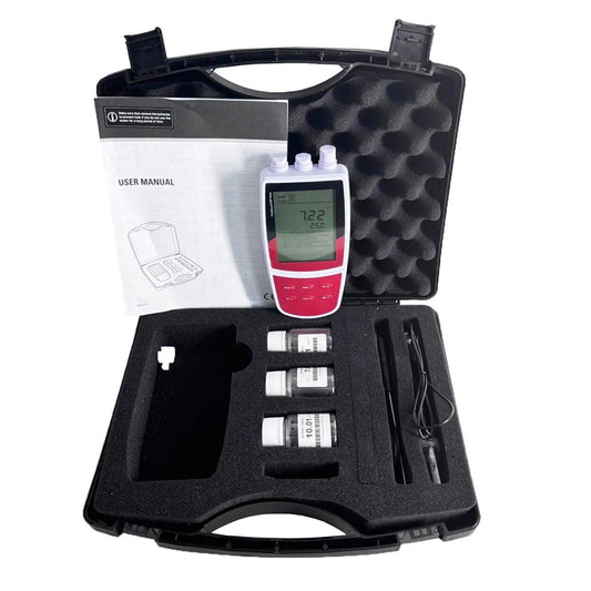 QIUSUO Portable Water pH Analyzer Portable pH Gauge Tester with Calibration Liquids Range -2.00 to 20.00 pH Range -1999 to 1999 mV Calibration 1 to 3 points USB Communication Interface Expanded Memory Stores or Recalls up to 100 Data Sets