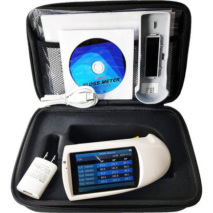 QIUSUO Tri-angle Gloss Meter Multi-Angle Gloss Meter - 20° 60° and 85° Angles with Connect to PCMeasuring Area (mm) 20°: 10x10 60°: 9x15 85°: 5x36 Errors±1.5 ± 1.5% Measuring Range 20°:0~1000GU 60°:0~1000GU 85°：0~160GU
