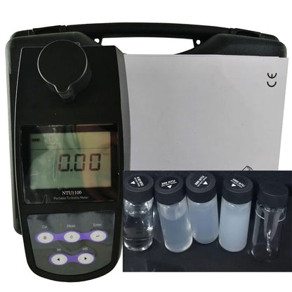 QIUSUO Lab Turbidity Meter Kit Turbidity Tester with 4 PCS Calibration Solution Vials Range 0~1100 NTU/FNU 0~275 EBC 0~9999 ASBC 2-5 Point Calibration 100 Groups Storage USB Interface