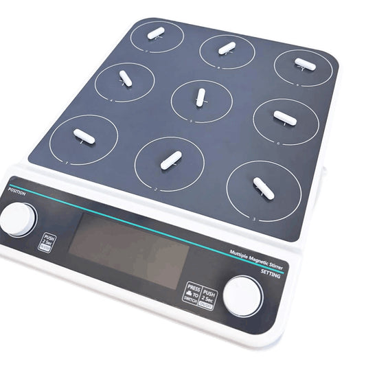 QIUSUO Digital Multi Position Magnetic Stirrer Lab Multi Point Magnetic Stirrers with Timing and Locking Function Max Stirring Volume 9 * 500 ML Plate Size 110MM Liquid Crystal Display Speed Range 50-1500 RPM Max
