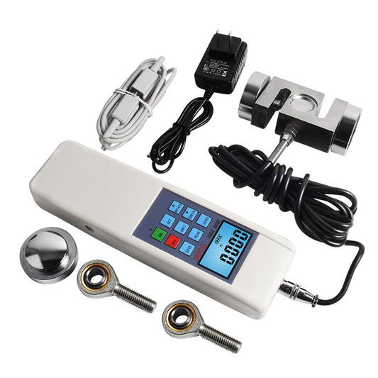 QIUSUO Digital Push Pull Force Gauge Digital Force Gauge Meter Tester Dynamometer with Peak Load Value 1000N/100kg/220Lb Inner Sensor and External Loadcell Sensor Peak Hold Function 3 Measurement Units N Kg Lb
