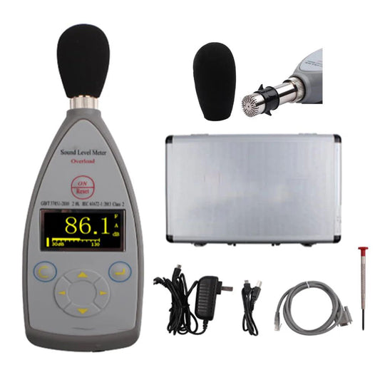 QIUSUO Handheld Sound Level Meter Noise Decibel Meter with Frequency Range 20Hz~12.5kHz Meas. Range 30 dB(A)~130dB(A) 8000 Groups Data Storage Integral Time 1s~24h Statistical Analysis Function Integrating Function for Factory Noise Investigations